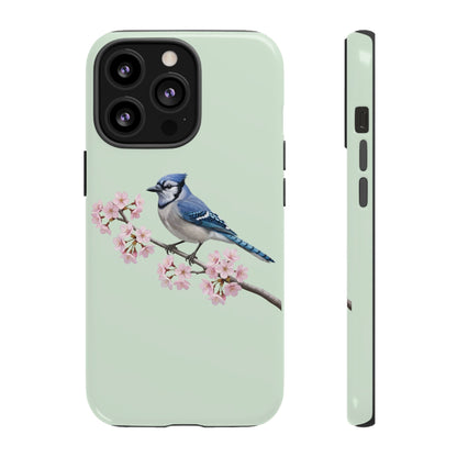 Blauhäher Handyhülle in Salbeigrün | Florales Kirschblüten Vogel-Motiv für iPhone & Google Pixel