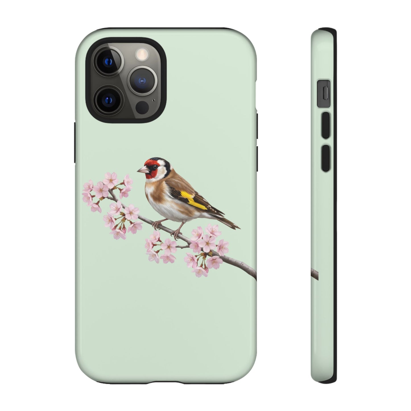 Stieglitz Handyhülle – in Salbeigrün | Florales Kirschblüten Vogel-Motiv für iPhone & Google Pixel