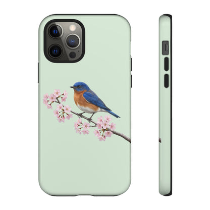 Rotkehl-Hüttensänger Handyhülle in – Salbeigrün | Florales Kirschblüten Vogel-Motiv für iPhone & Google Pixel
