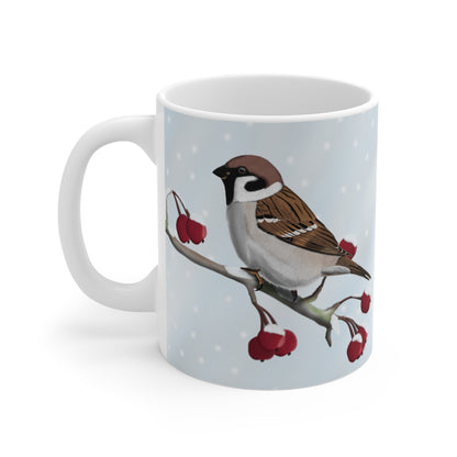 Feldsperling auf einem Ast im Winter Weihnachten Schnee Vogel Tasse