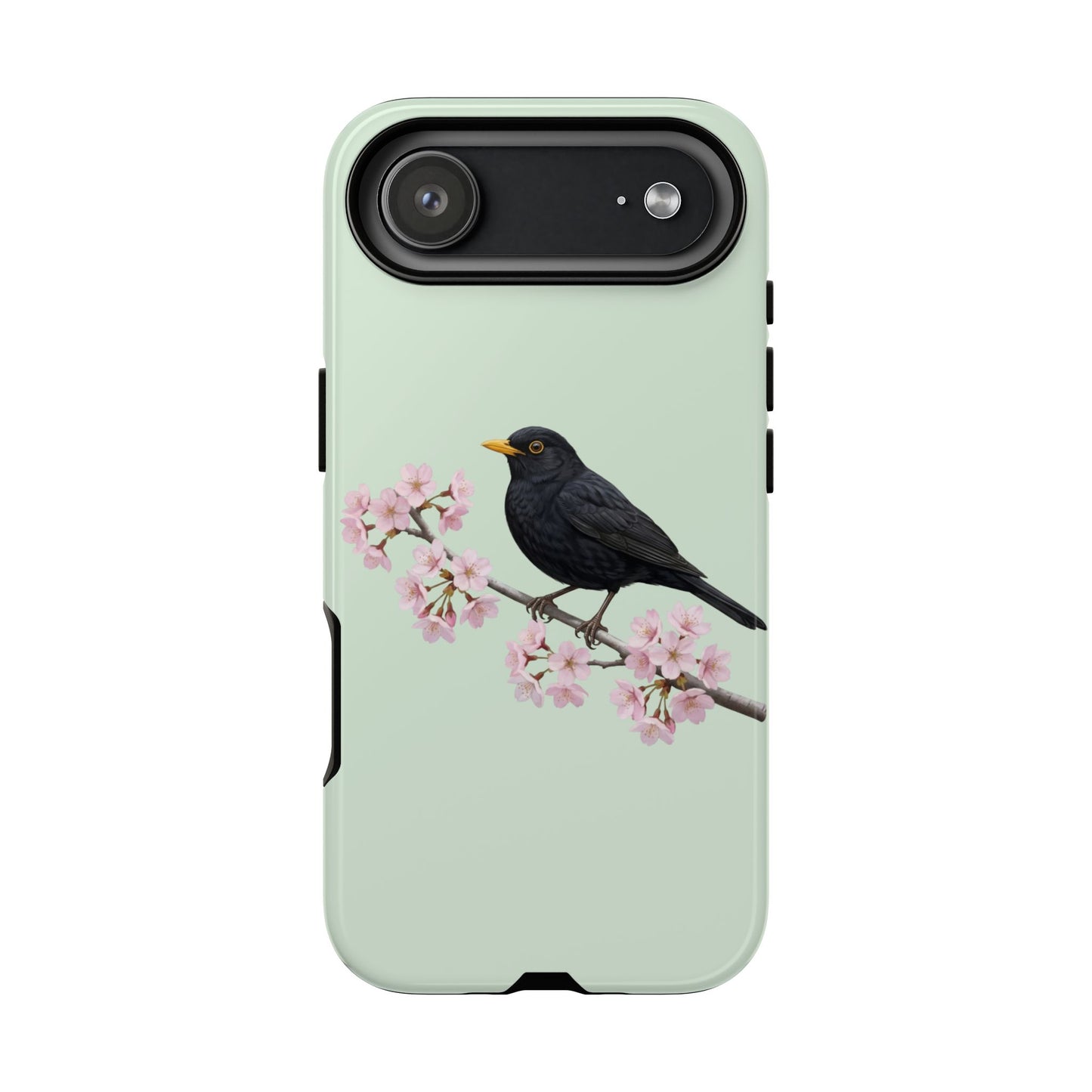 Amsel Handyhülle in Salbeigrün | Florales Kirschblüten Vogel-Motiv für iPhone & Google Pixel