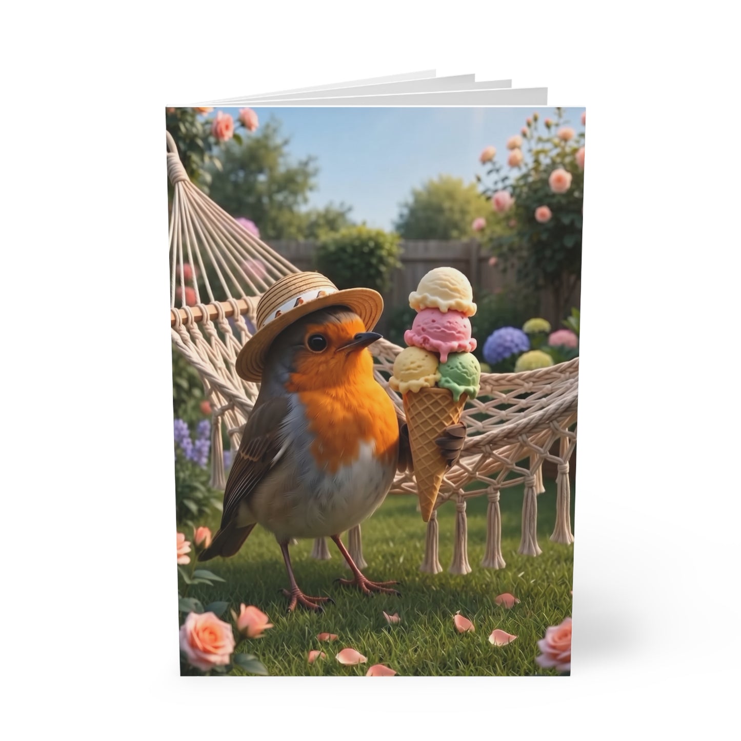 Premium A5 Notizbuch Rosi Rotkehlchen und das Riesen-Eis im Garten (liniert)