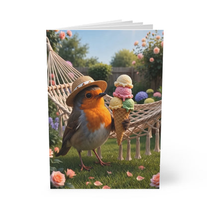 Premium A5 Notizbuch Rosi Rotkehlchen und das Riesen-Eis im Garten (liniert)