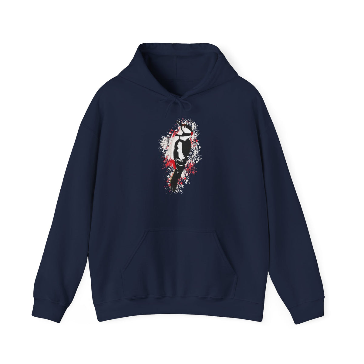 Buntspecht Hoodie – Motiv-Kapuzenpullover im Art-Design mit Sprenkel-Hintergrund