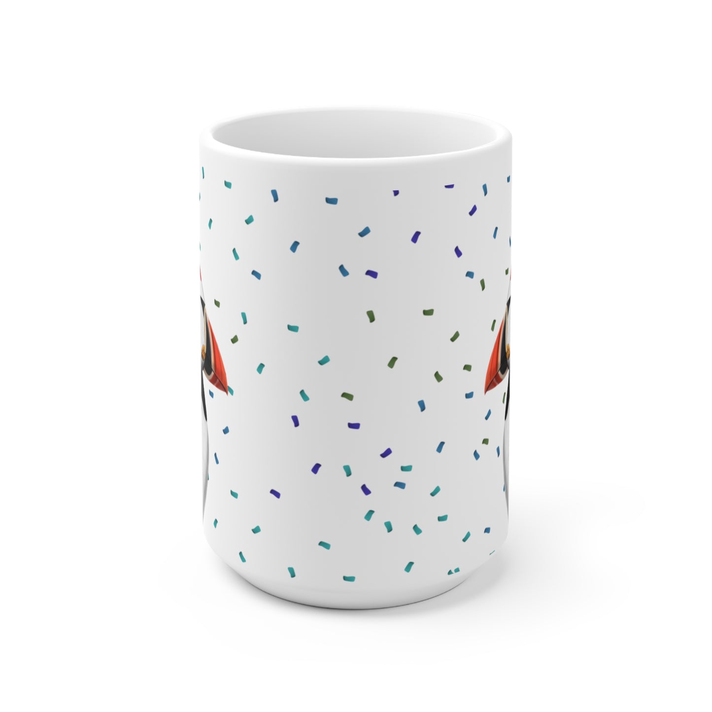 Papageitaucher feiert Geburtstag mit Partyhut und Konfetti Vogel Tasse
