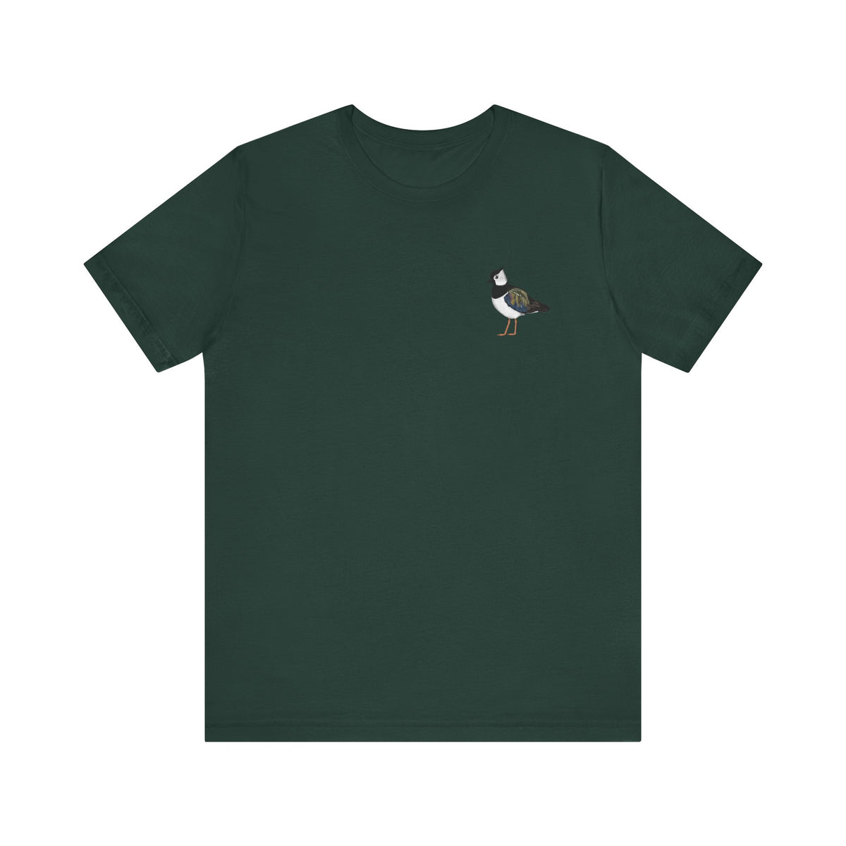 Dunkelgrünes T-Shirt mit einem gemalten Kiebitz