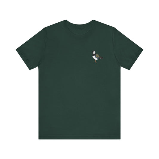 Dunkelgrünes T-Shirt mit einem gemalten Kiebitz