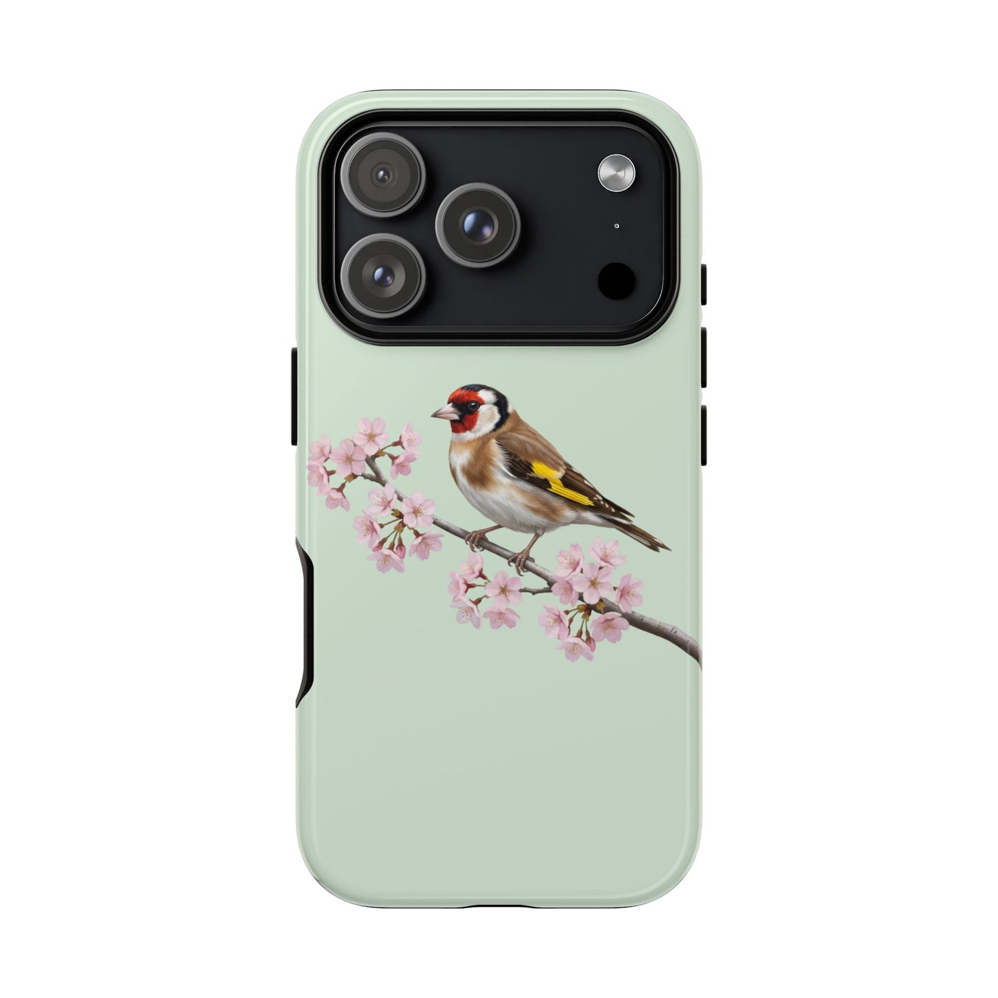 Stieglitz Handyhülle in Salbeigrün | Florales Kirschblüten Vogel-Motiv für iPhone & Google Pixel