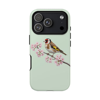 Stieglitz Handyhülle in Salbeigrün | Florales Kirschblüten Vogel-Motiv für iPhone & Google Pixel