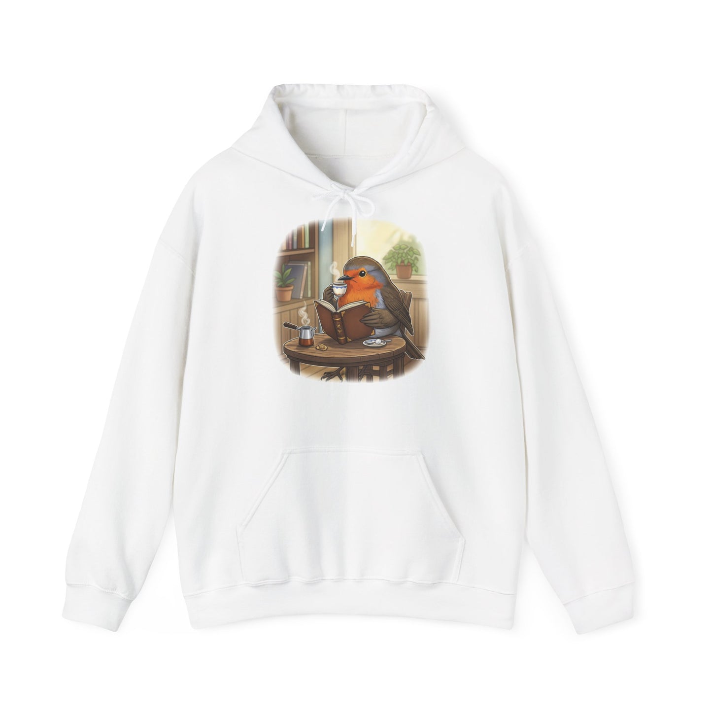 Rotkehlchen liest Bücher und trinkt Kaffee Vogel Hoodie - Kapuzenpullover für Vogelbeobachter mit Vogelmotiv