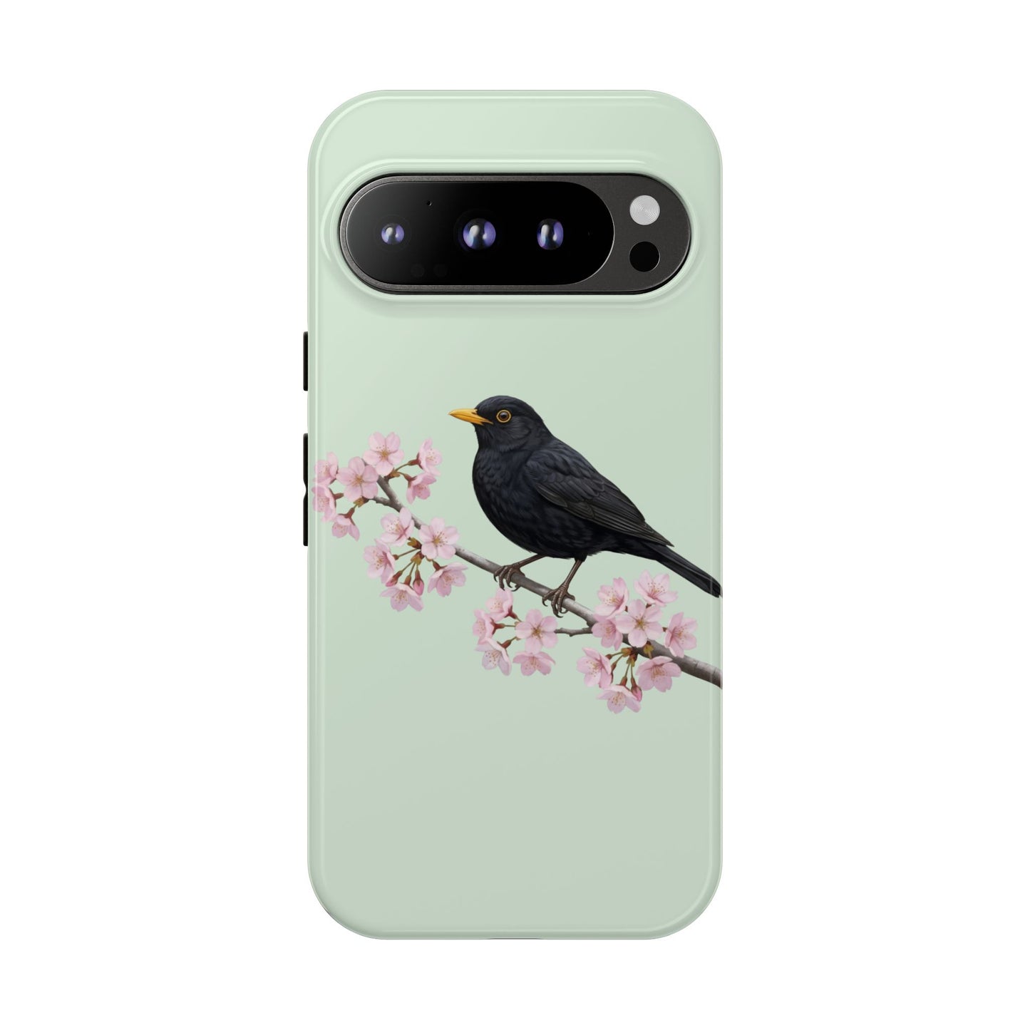 Amsel Handyhülle in Salbeigrün | Florales Kirschblüten Vogel-Motiv für iPhone & Google Pixel
