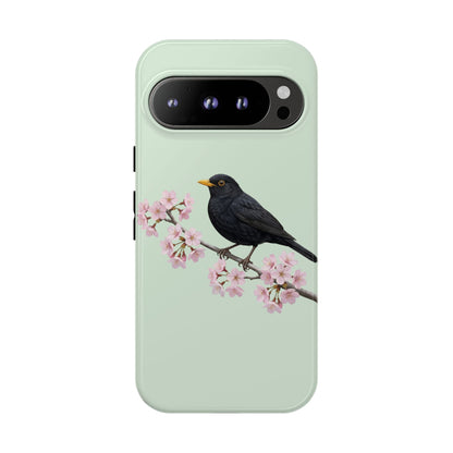 Amsel Handyhülle in Salbeigrün | Florales Kirschblüten Vogel-Motiv für iPhone & Google Pixel