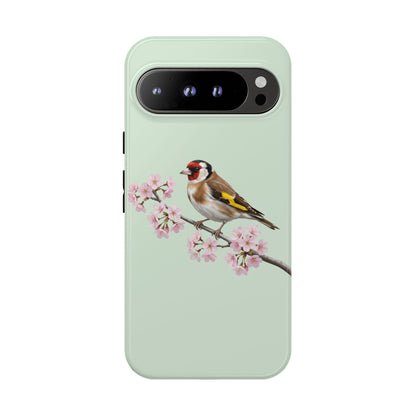 Stieglitz Handyhülle in Salbeigrün | Florales Kirschblüten Vogel-Motiv für iPhone & Google Pixel