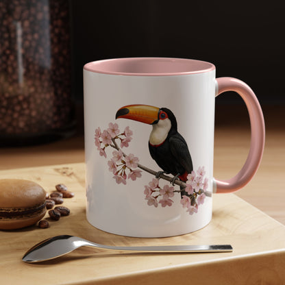 Tukan Tasse mit Kirschblüten | Rosa Keramiktasse für Vogelfreunde – Accent Coffee Mug,