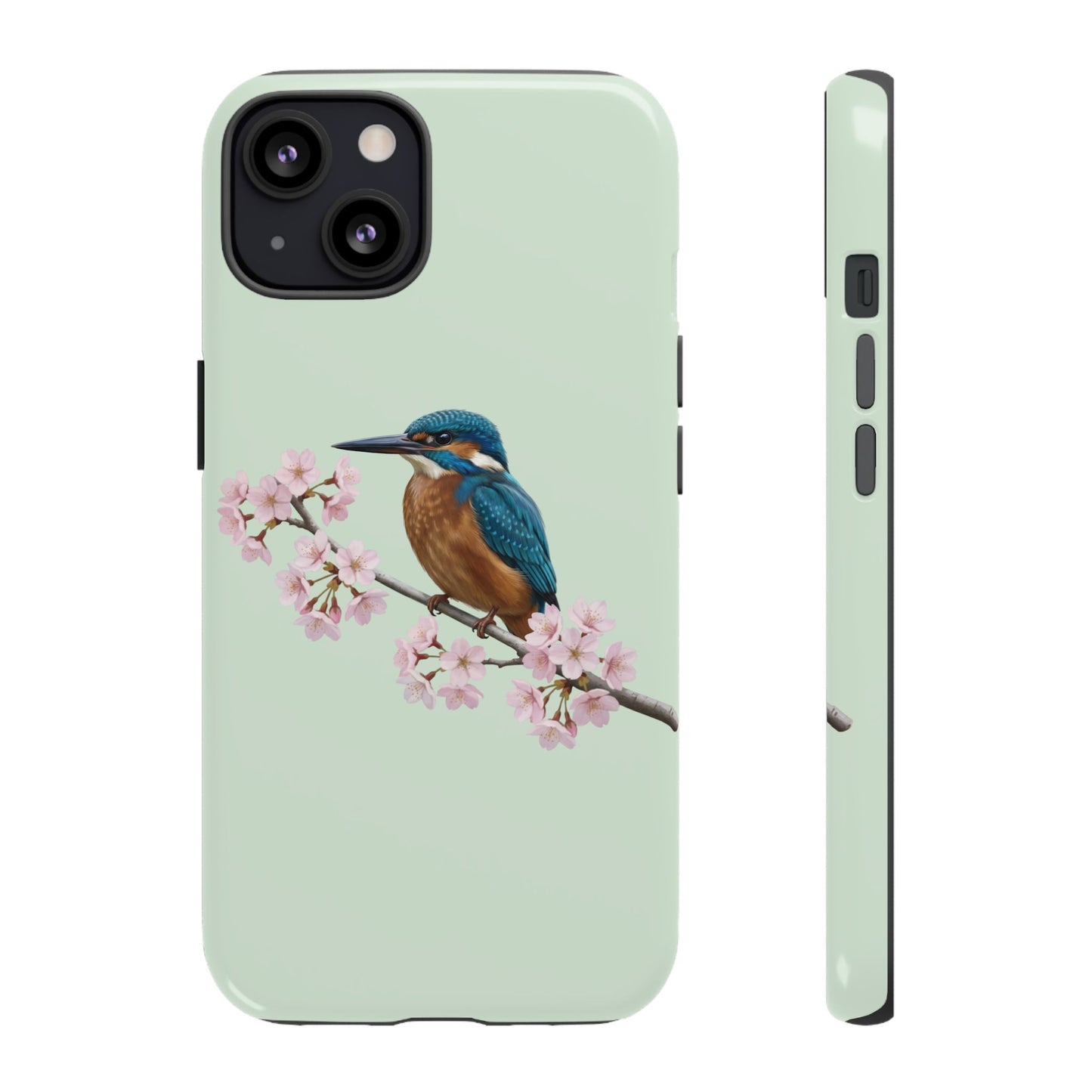 Eisvogel Handyhülle in Salbeigrün | Florales Kirschblüten Vogel-Motiv für iPhone & Google Pixel – animal lover,