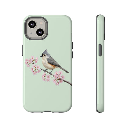 Grauhäubchenmeise Handyhülle in Salbeigrün | Florales Kirschblüten Vogel-Motiv für iPhone & Google Pixel