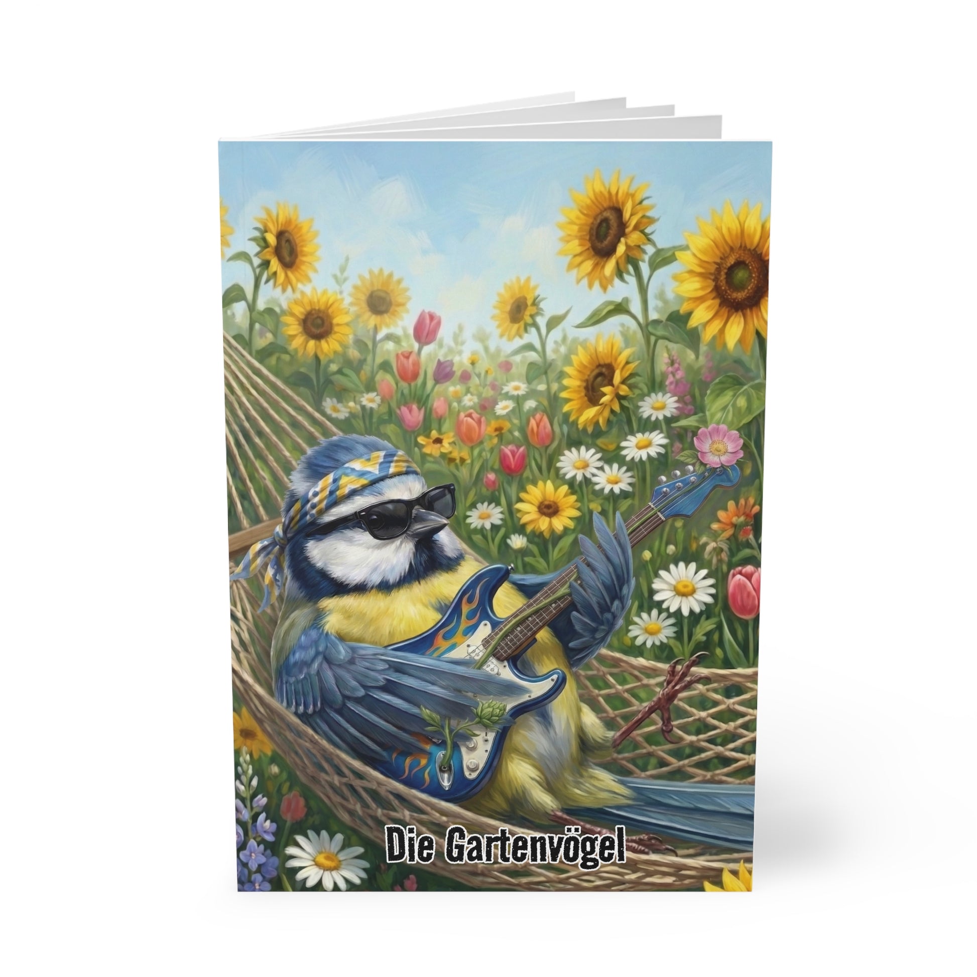 Blaumeise Notizbücher – Bert mit Gitarre in der Hängematte - Premium Notizbuch A5 Vogelmotiv | Die Gartenvögel