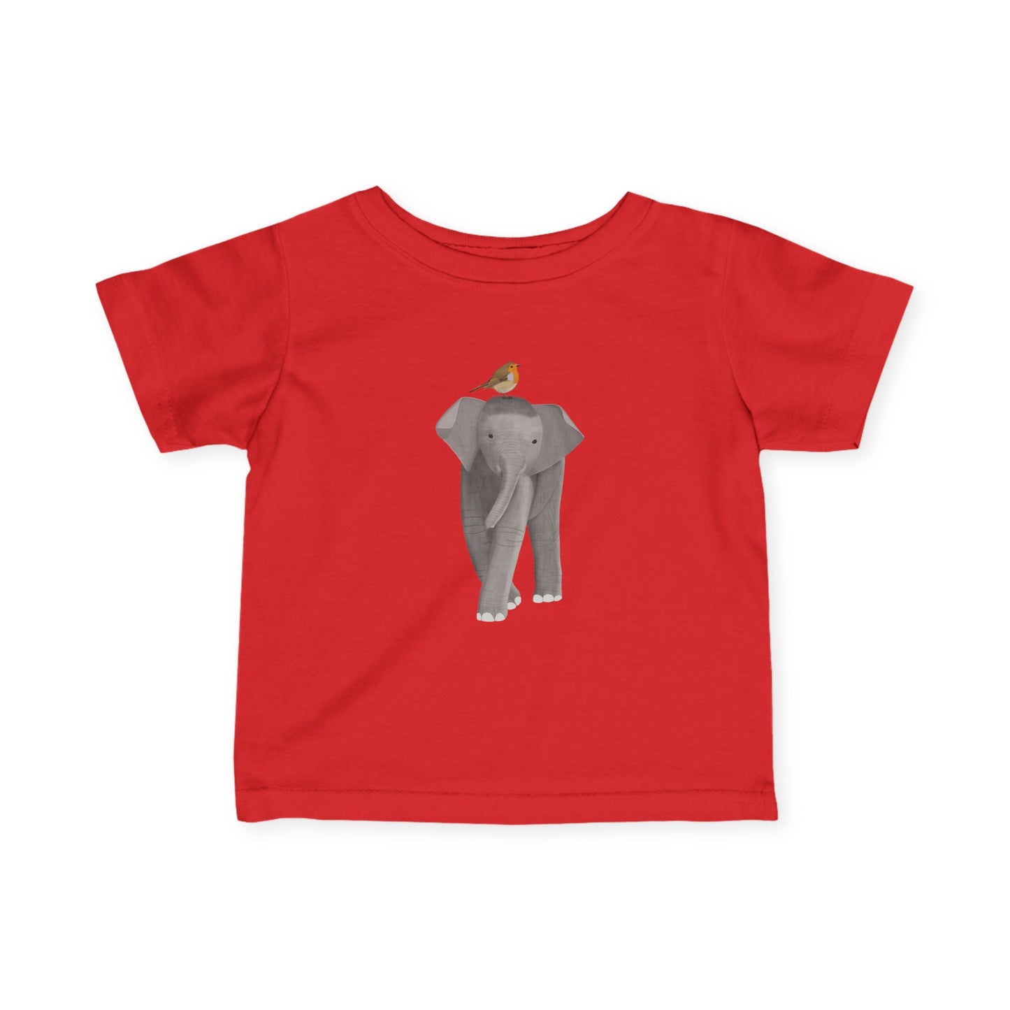 Süßes Elefant mit Rotkehlchen Vogel Tiermotiv T-Shirt für Babys und Kleinkinder