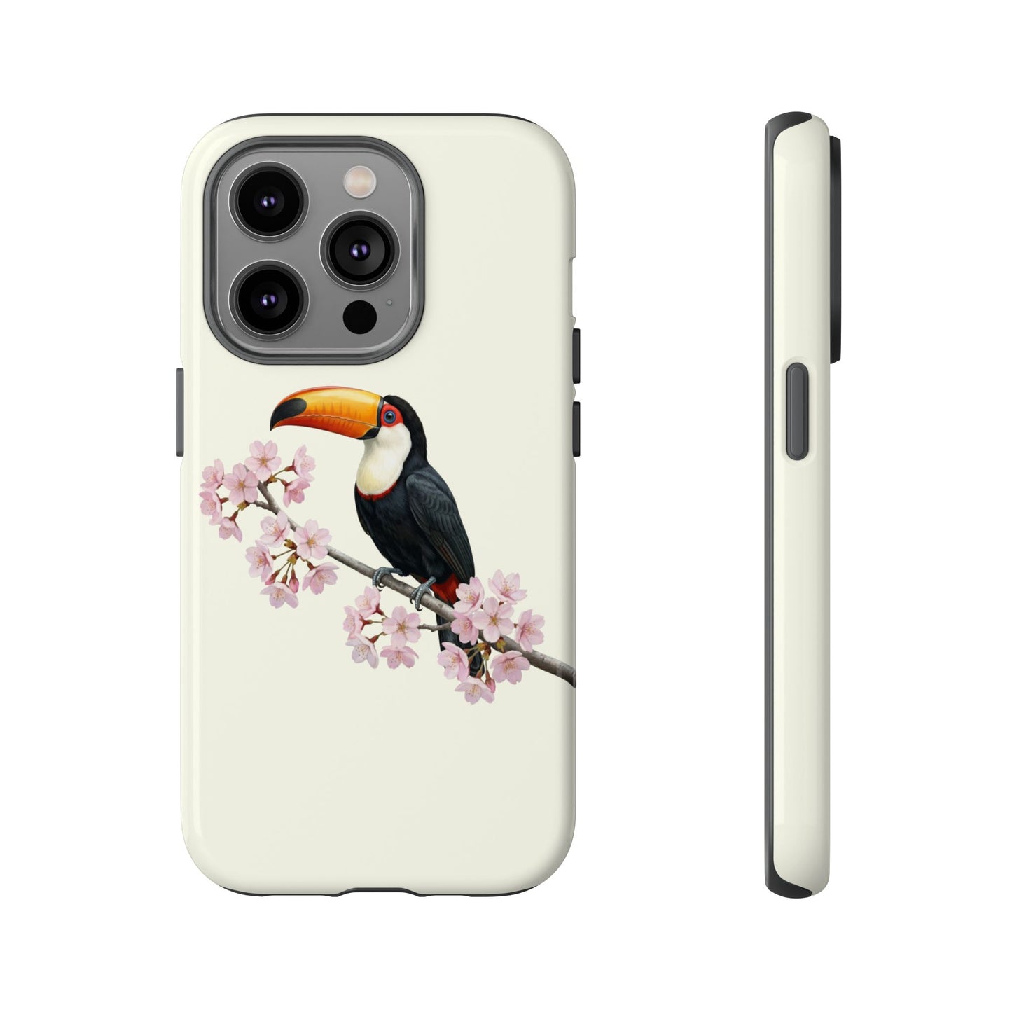 Tukan Handyhülle in Cremeweiß | Florales Kirschblüten Vogel-Motiv für iPhone & Google Pixel