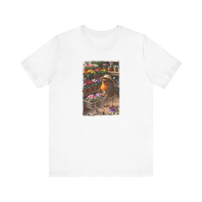 Lustiges Rotkehlchen T-Shirt mit vollem Blumen-Einkaufswagen | Niedliches Pflanzen-Motiv