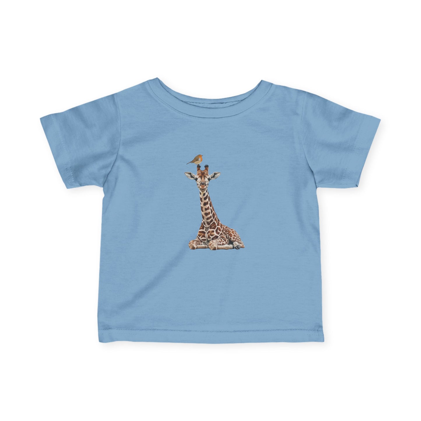 Süße Baby Giraffe mit Rotkehlchen Vogel Tiermotiv T-Shirt für Babys und Kleinkinder