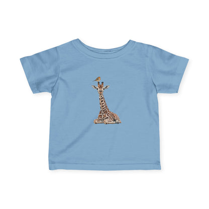 Süße Baby Giraffe mit Rotkehlchen Vogel Tiermotiv T-Shirt für Babys und Kleinkinder