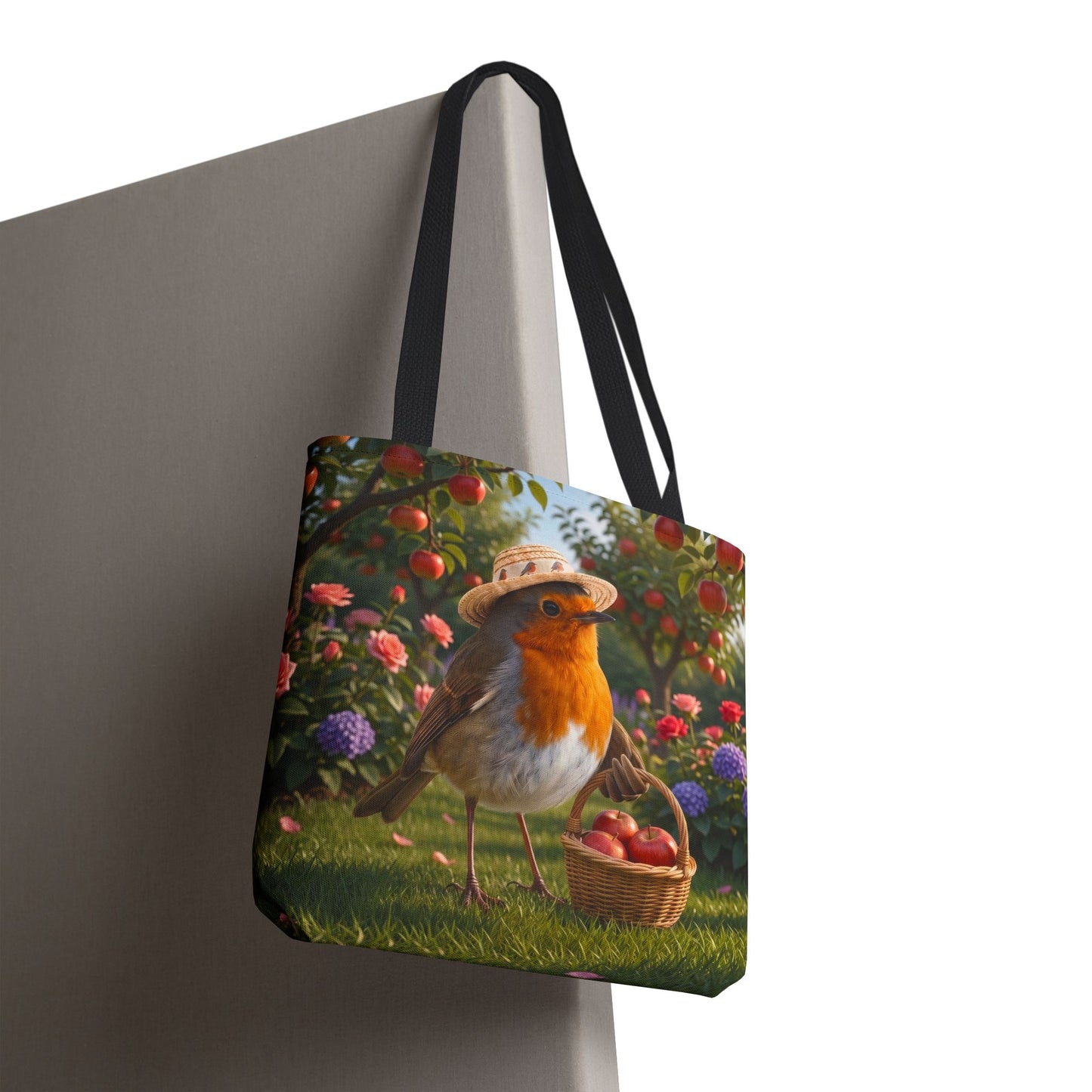 Premium Tragetasche Rosi Rotkehlchen bei der Apfelernte (40 x 40 cm)