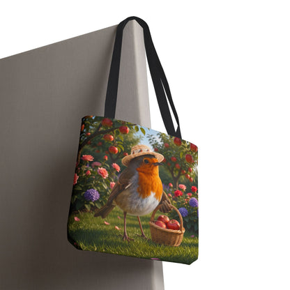 Premium Tragetasche Rosi Rotkehlchen bei der Apfelernte (40 x 40 cm)