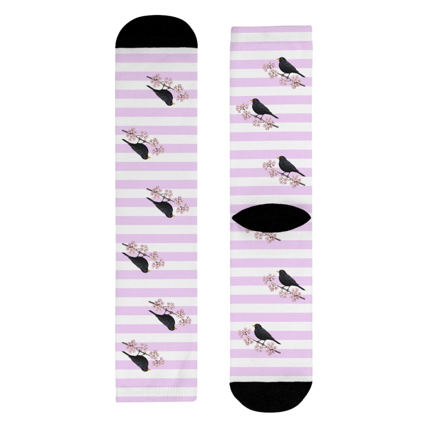 Amsel Socken – mit Kirschblüten | Weiß Rosa gestreifte Vogelmotiv Strümpfe