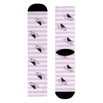 Amsel Socken – mit Kirschblüten | Weiß Rosa gestreifte Vogelmotiv Strümpfe