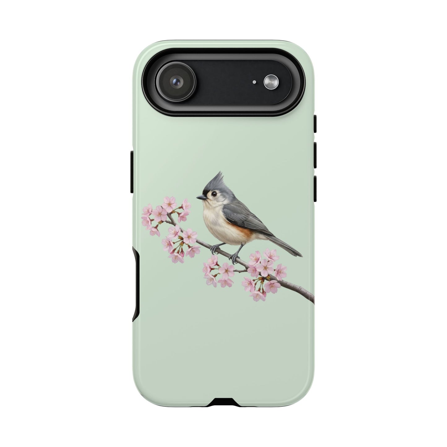 Grauhäubchenmeise Handyhülle in Salbeigrün | Florales Kirschblüten Vogel-Motiv für iPhone & Google Pixel