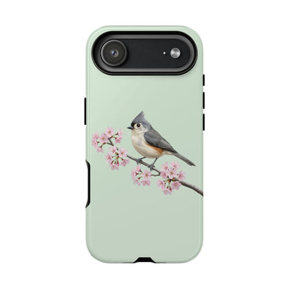 Grauhäubchenmeise Handyhülle in Salbeigrün | Florales Kirschblüten Vogel-Motiv für iPhone & Google Pixel