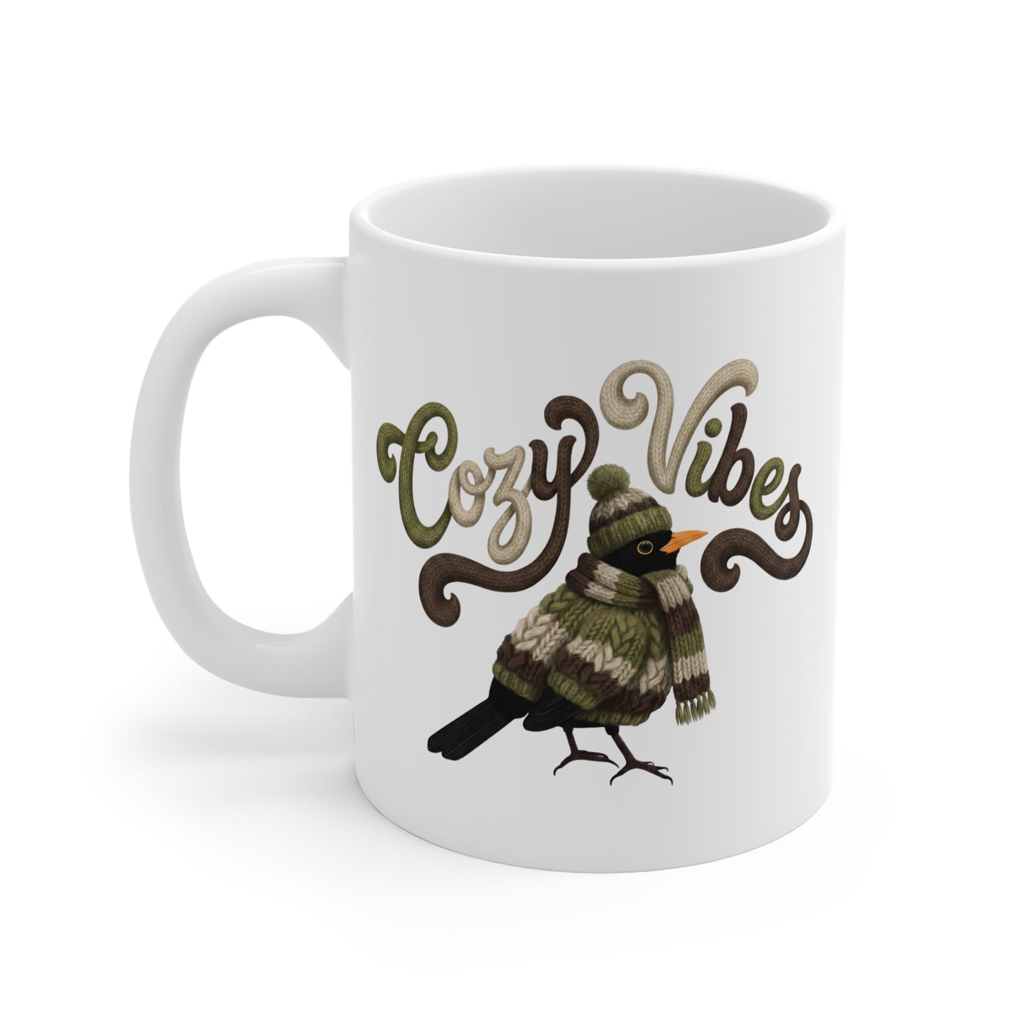 Amsel mit Strickpullover Weihnachtliche Tasse mit Vogelmotiv Cozy Vibes – Ideal für Kakao & Kaffee