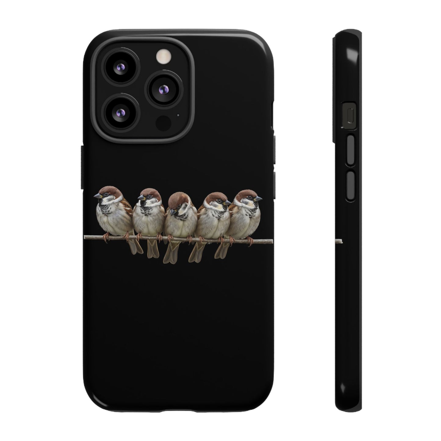 Feldsperlinge auf einem Ast Premium Handyhülle – Doppelt Geschützt & Rundum Bedruckt Schwarz