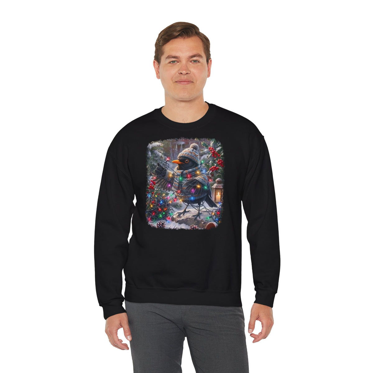 Premium Sweatshirt Amsel und die Lichterkette im winterlichen Garten für Vogelfreunde