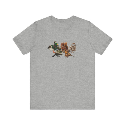 Lustiges Vogelmotiv Winter T-Shirt: Die kuschelige Garten-Gang mit Mütze & Pullover