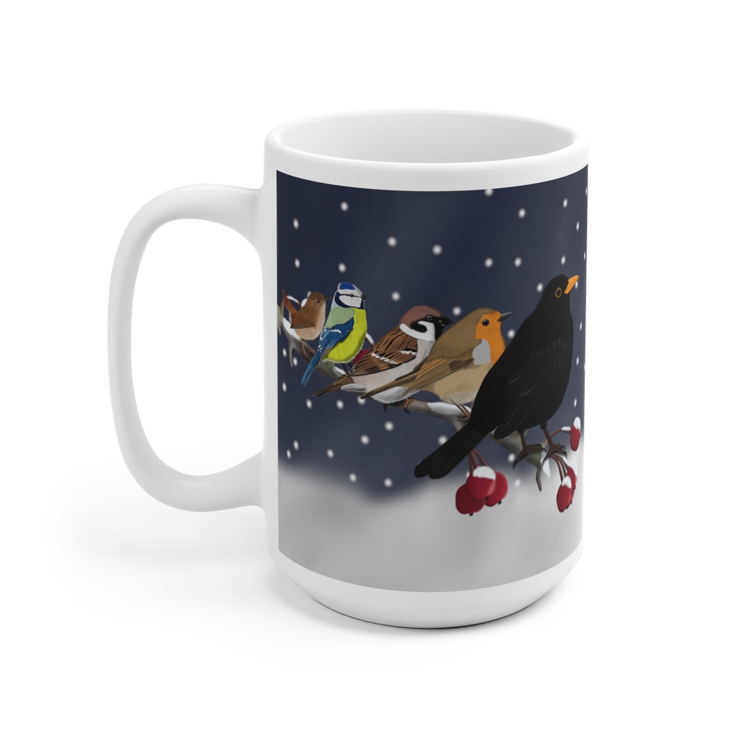 Amsel Rotkehlchen Blaumeise auf einem Ast im Winter Weihnachten Schnee Vogel Tasse