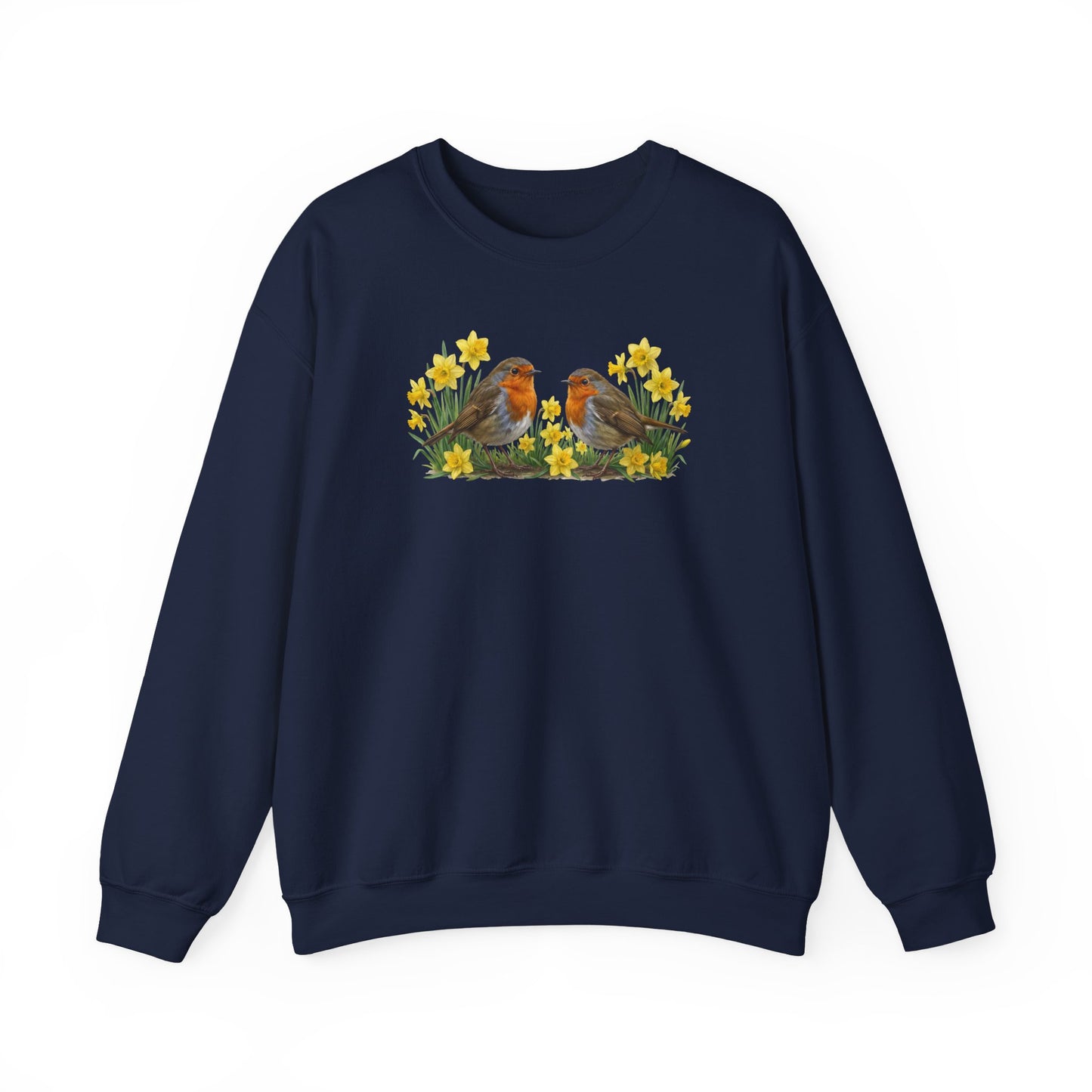 Rotkehlchen Oster-Sweatshirt Frühlingswiese – Singvögel in Osterglocken | Unisex Pullover