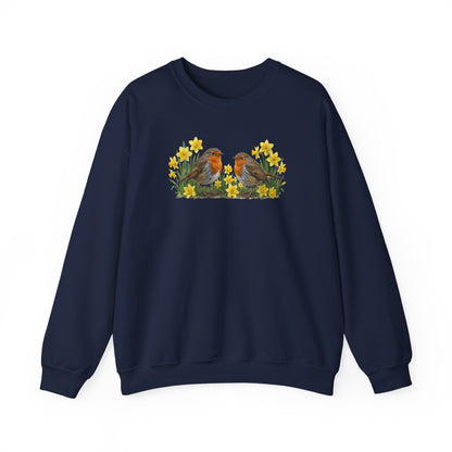 Rotkehlchen Oster-Sweatshirt Frühlingswiese – Singvögel in Osterglocken | Unisex Pullover