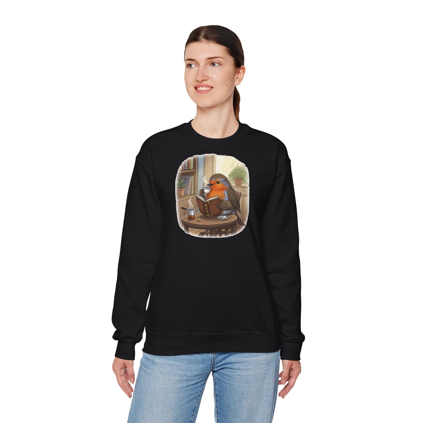 Rotkehlchen liest Bücher und trinkt Kaffee Vogel Sweatshirt für Vogelbeobachter