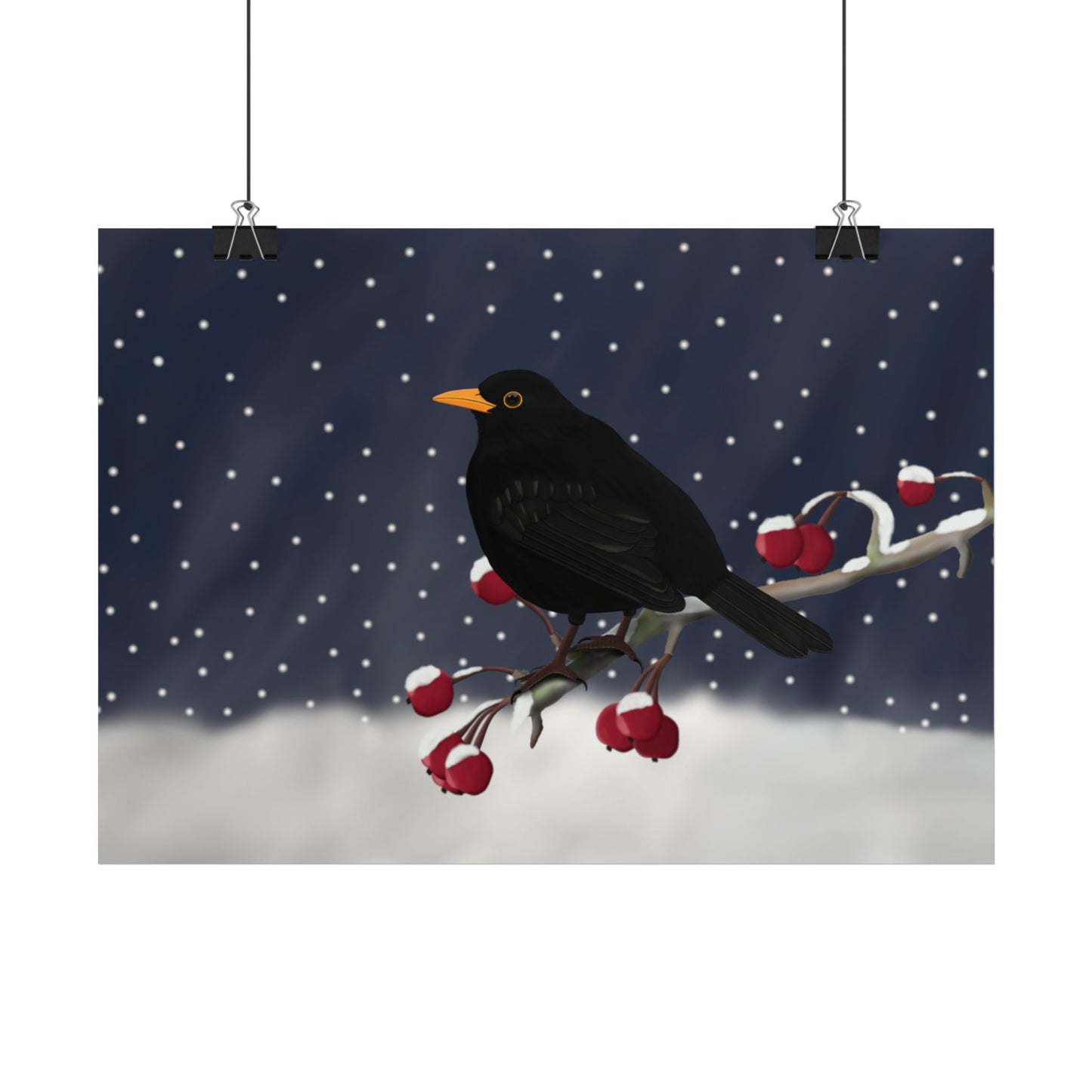 Amsel auf einem Ast im Schnee Vogel Poster