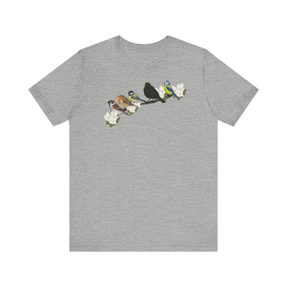 Amsel Rotkehlchen Spatz auf einem Ast Vogel T-Shirt für Vogelfreunde und Vogelbeobachter