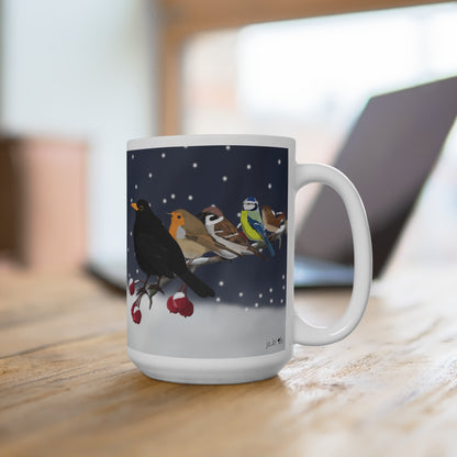 Amsel Rotkehlchen Blaumeise auf einem Ast im Winter Weihnachten Schnee Vogel Tasse