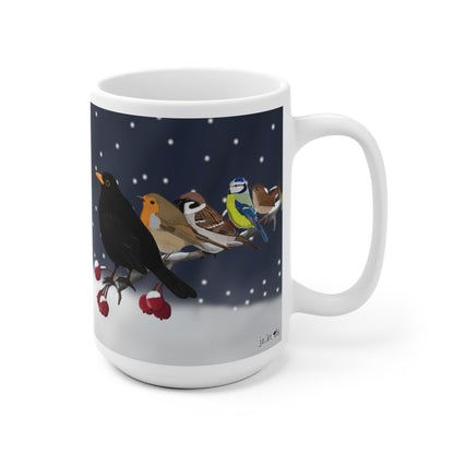 Amsel Rotkehlchen Blaumeise auf einem Ast im Winter Weihnachten Schnee Vogel Tasse