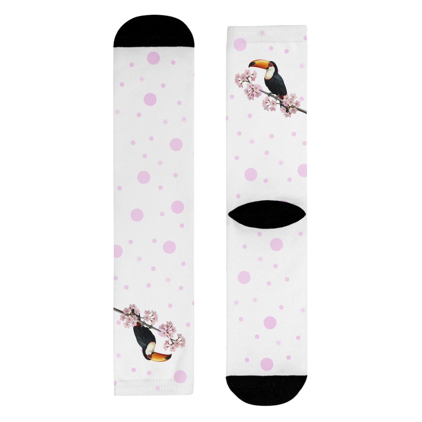 Tukan Socken mit – Kirschblüten | Weiß Rosa gepunktete Vogelmotiv Strümpfe