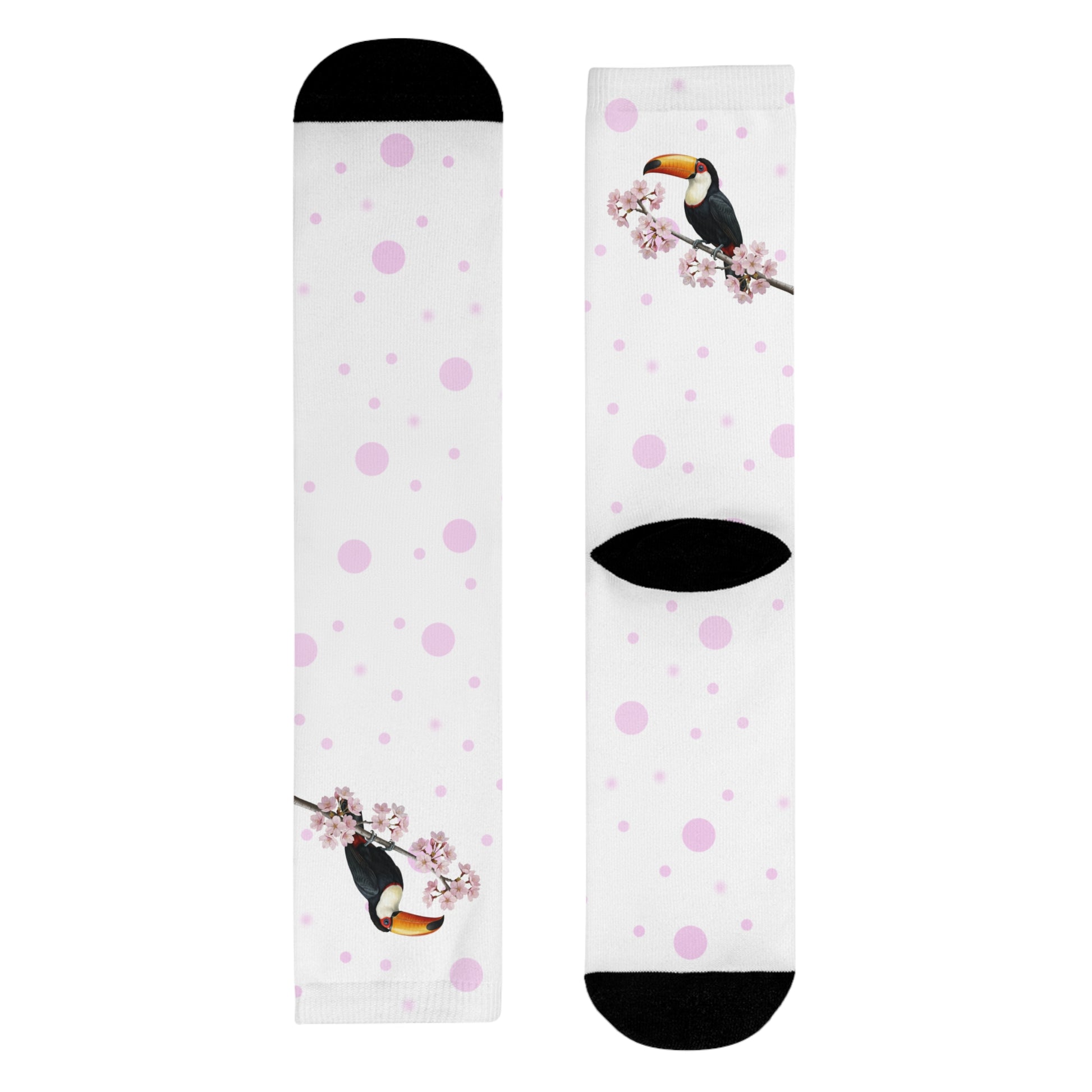 Tukan Socken mit – Kirschblüten | Weiß Rosa gepunktete Vogelmotiv Strümpfe