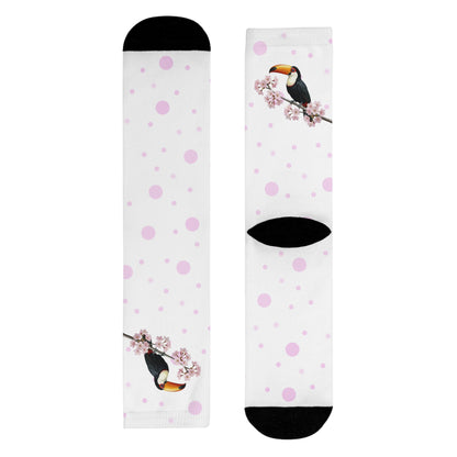 Tukan Socken mit – Kirschblüten | Weiß Rosa gepunktete Vogelmotiv Strümpfe