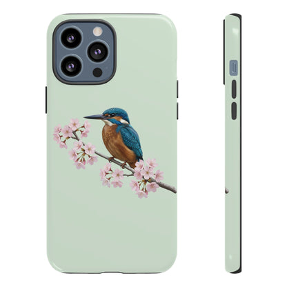 Eisvogel Handyhülle in Salbeigrün | Florales Kirschblüten Vogel-Motiv für iPhone & Google Pixel
