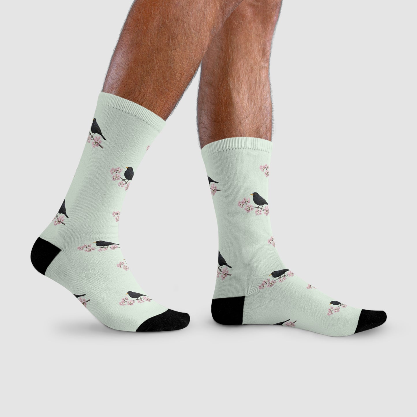 Amsel & Kirschblüten Socken in Salbeigrün | Weiche Baumwollmix-Socken für Naturfreunde