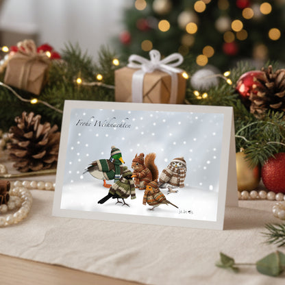 Eichhörnchen mit Amsel Rotkehlchen Eule Ente im Strickpullover Weihnachtskarte Frohe Weihnachten Vögel im Schnee mit Umschlag